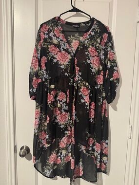 torrid Black Floral Blouse with Pink and Green Accents
